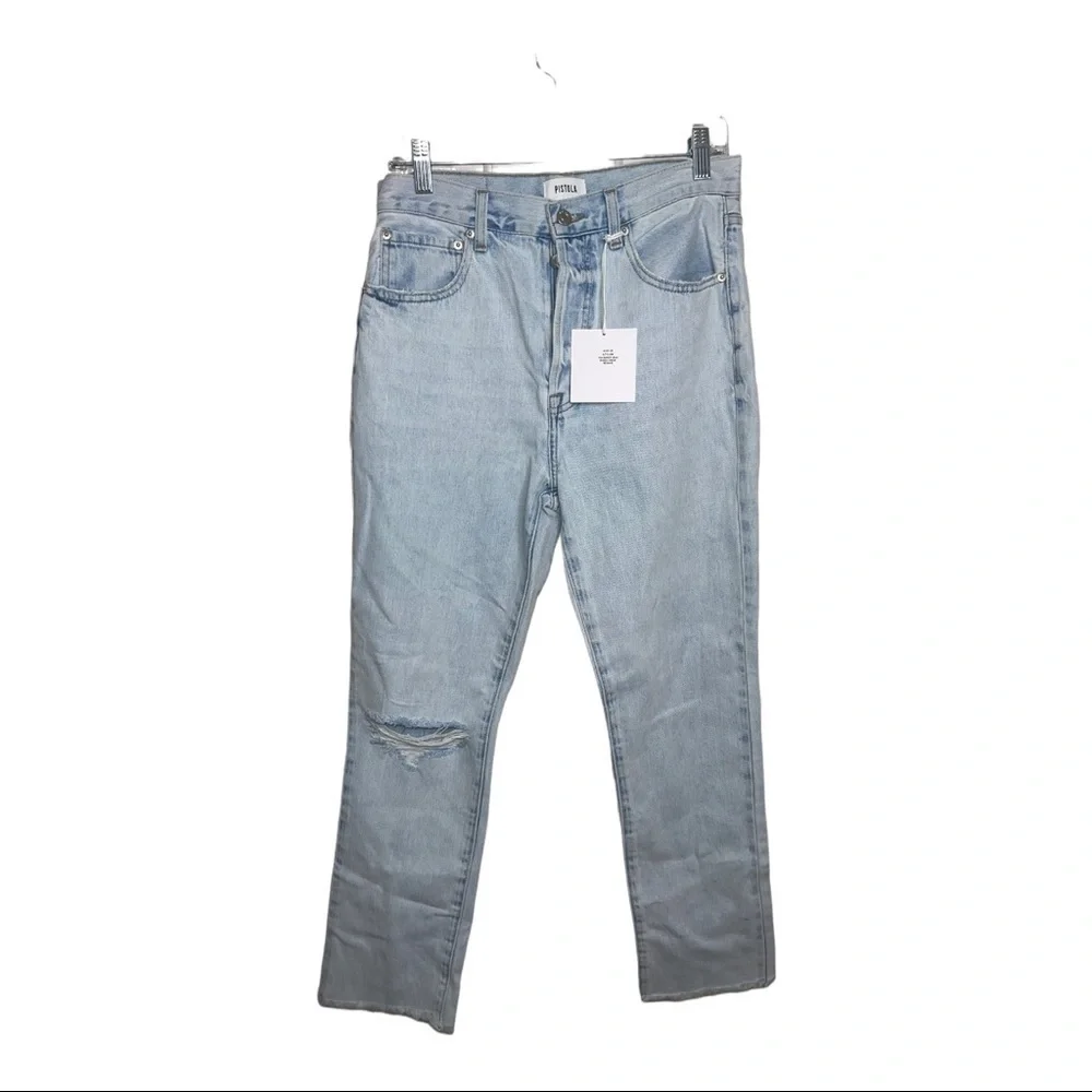 Pistola x Revolve Keaton High Rise Light Wash Distressed Slim Straight Jeans 28